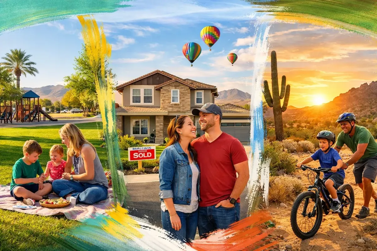 A composite photo of a couple in front of a sold house, flanked by a picnic and biking family, in a painted frame.