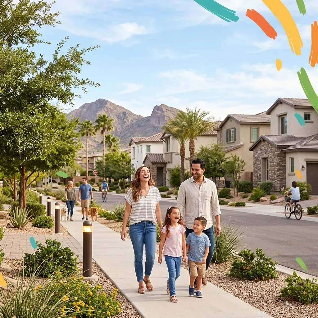 Family walking in a Phoenix neighborhood with mountain views in background