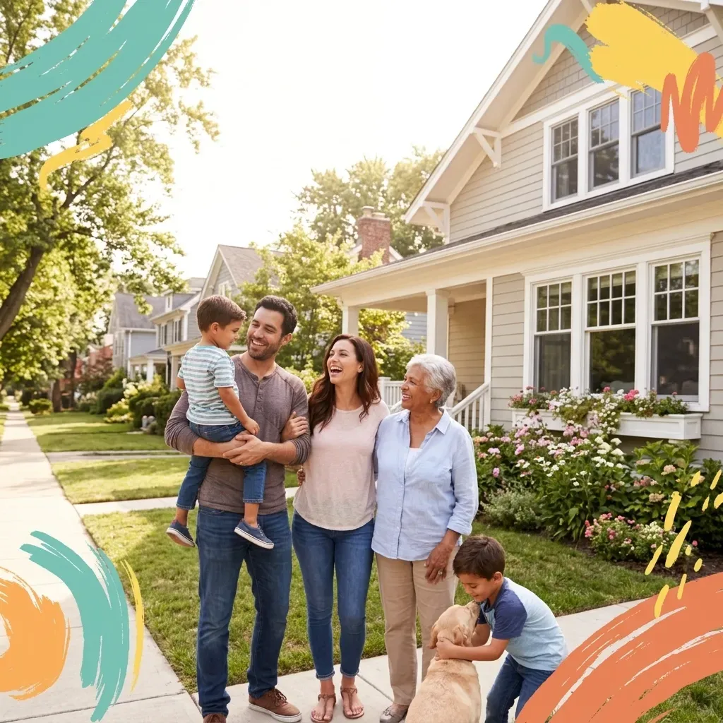 family walking on the sidewalk in a modern Phoenix tree lined community 