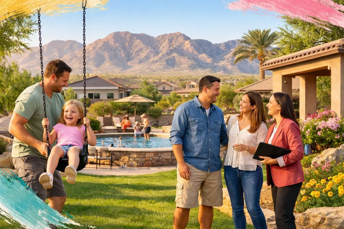 A family enjoys a backyard with a pool and mountain views as a professional greets a couple in a painted frame.