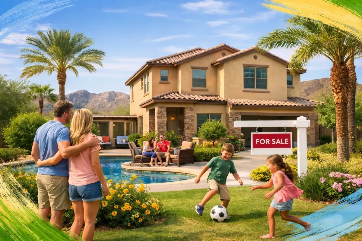 A view of a modern master-planned community in Peoria, Arizona, under the spring sun.