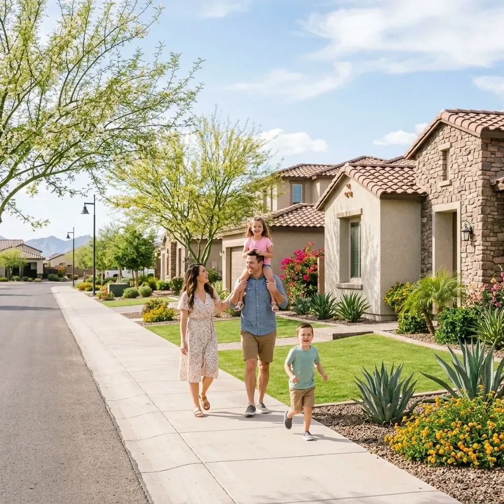 People walking in a modern new community in Surprise AZ with desert landscaping under a blue spring sky.