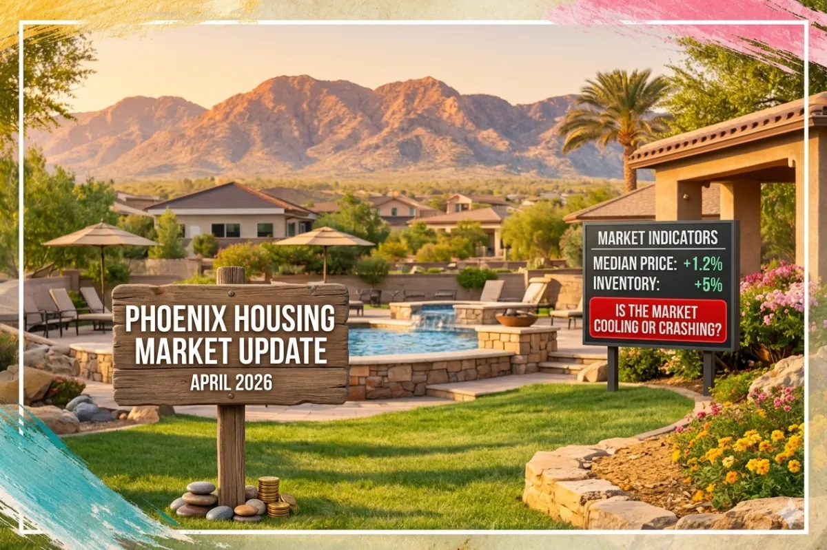 A painted frame surrounding a lush Phoenix residential landscape with a wooden sign reading "PHOENIX HOUSING MARKET UPDATE - APRIL 2026" and a digital price board displaying market indicators.