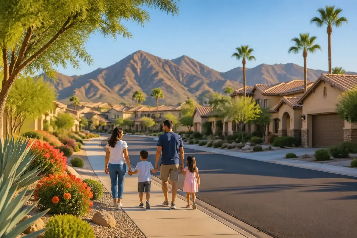 Glendale Arizona neighborhood street with palm trees and modern homes during the 2026 spring real estate market.