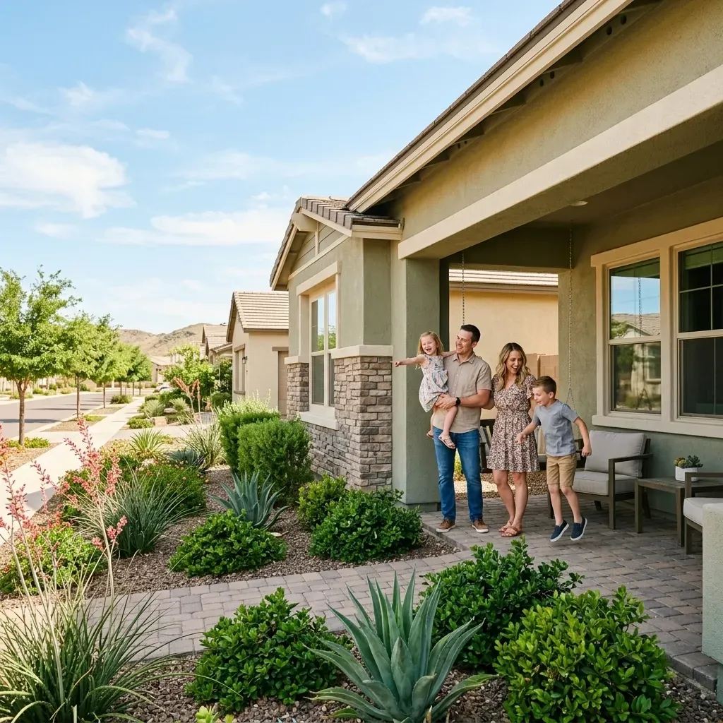 Suburban neighborhood street in Surprise AZ with desert landscaping and mountain views.
