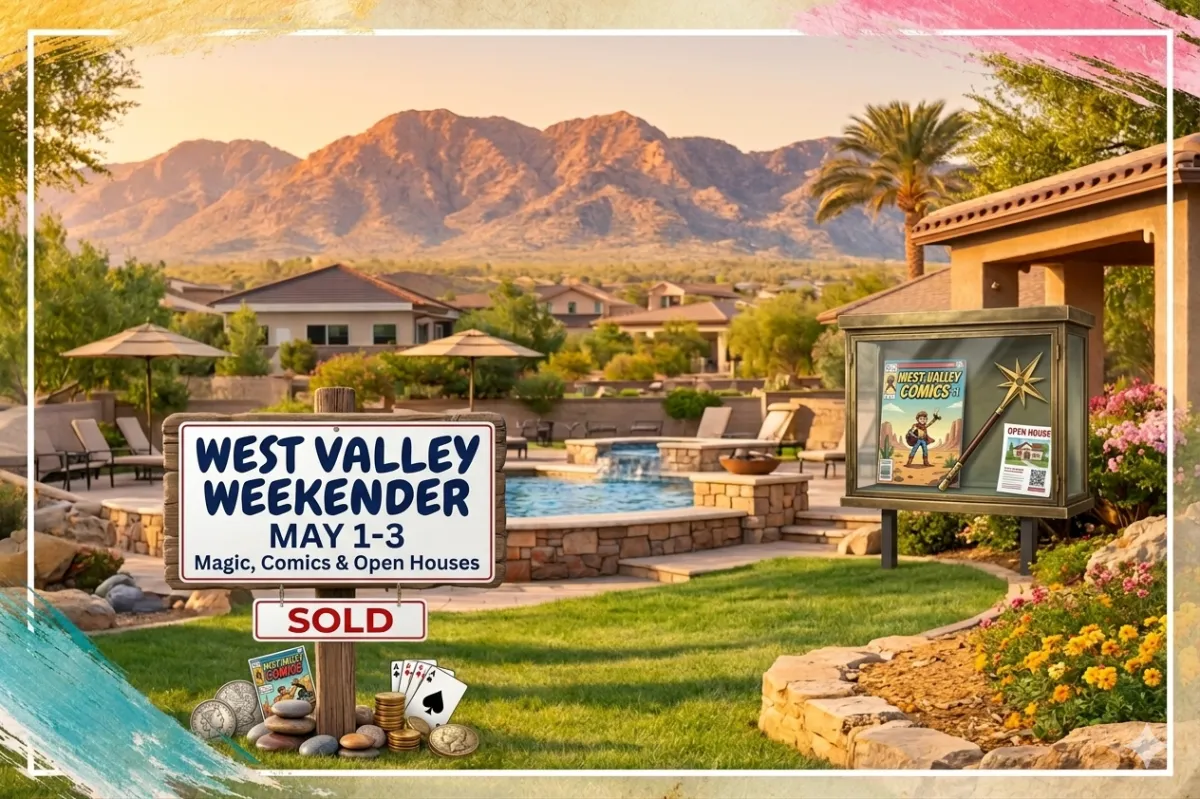 A painted frame surrounds a lush Arizona resort with a "WEST VALLEY WEEKENDER" sign, a "SOLD" sign, and a display case with magic and comic book items.