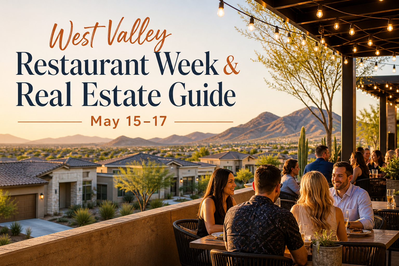 West Valley Restaurant Week and Real Estate Guide May 15–17 featuring outdoor patio dining, desert mountain views, and nearby suburban homes.