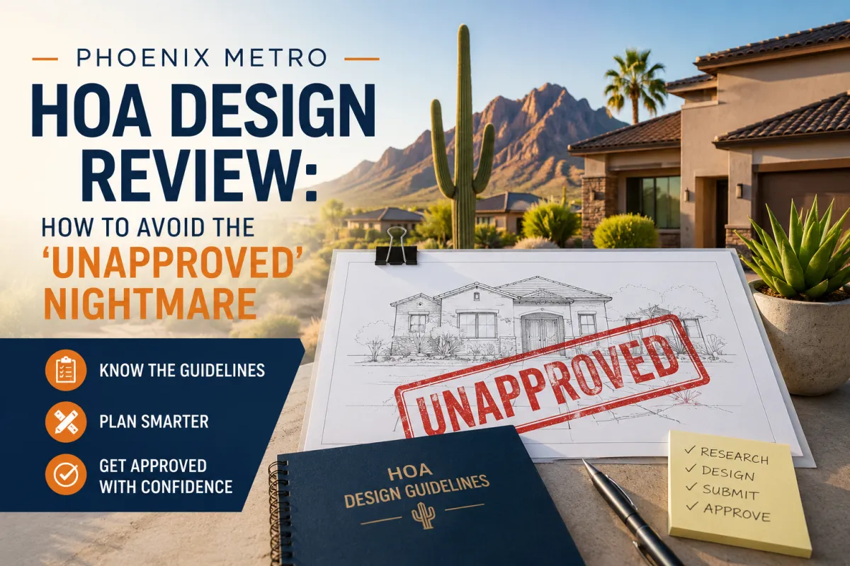 Phoenix Metro HOA design review concept showing home plans stamped “unapproved” with desert home backdrop, illustrating how to avoid HOA approval issues in Arizona communities