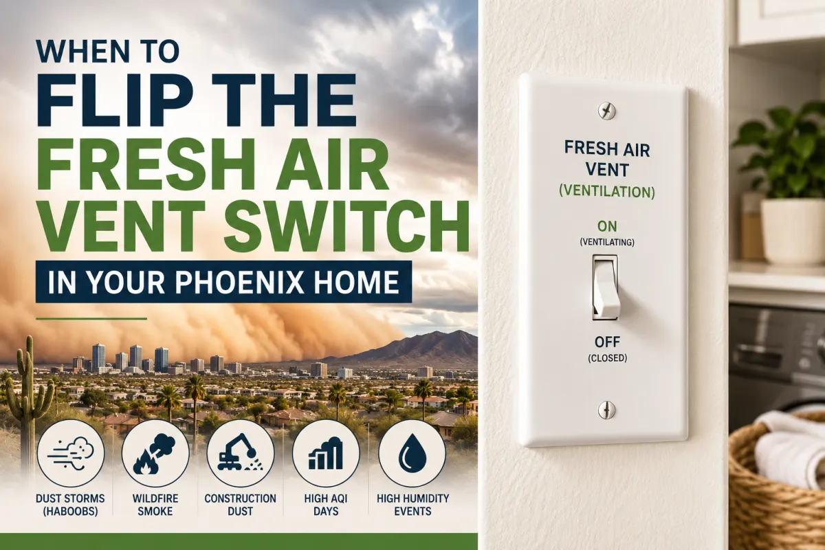 Fresh air vent switch in a Phoenix home with dust storm and air quality icons showing when to turn off ventilation during monsoon, smoke, and high AQI conditions