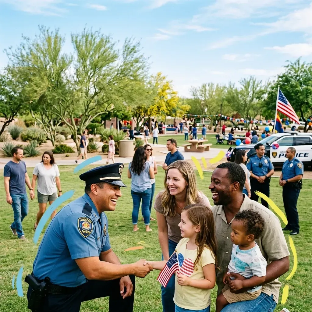 Arizona police officer visits with a family at a local outdoor venue