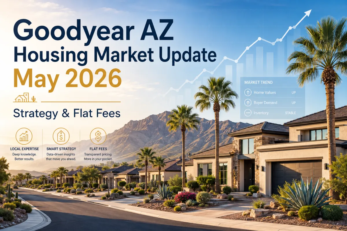 Goodyear AZ housing market update May 2026 with desert homes, palm trees, market trend graphics, and flat fee selling strategy.