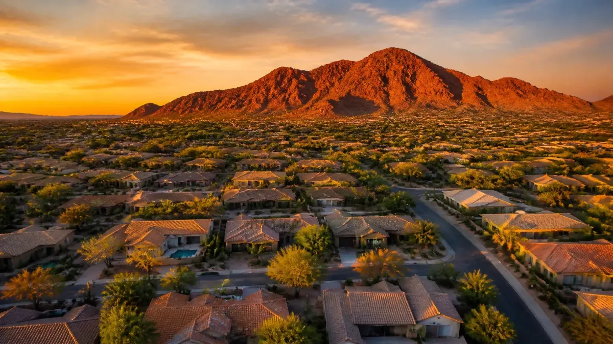 Aerial drone photo of East Mesa Arizona residential neighborhoods with Red Mountain in the background at sunset.