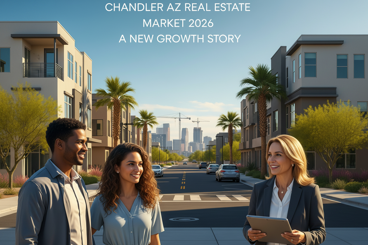 Three people smiling and conversing on a modern Chandler, Arizona street with palm trees, residential buildings, and a city skyline in the background. Text reads: "Chandler AZ Real Estate Market 2026 – A New Growth Story."