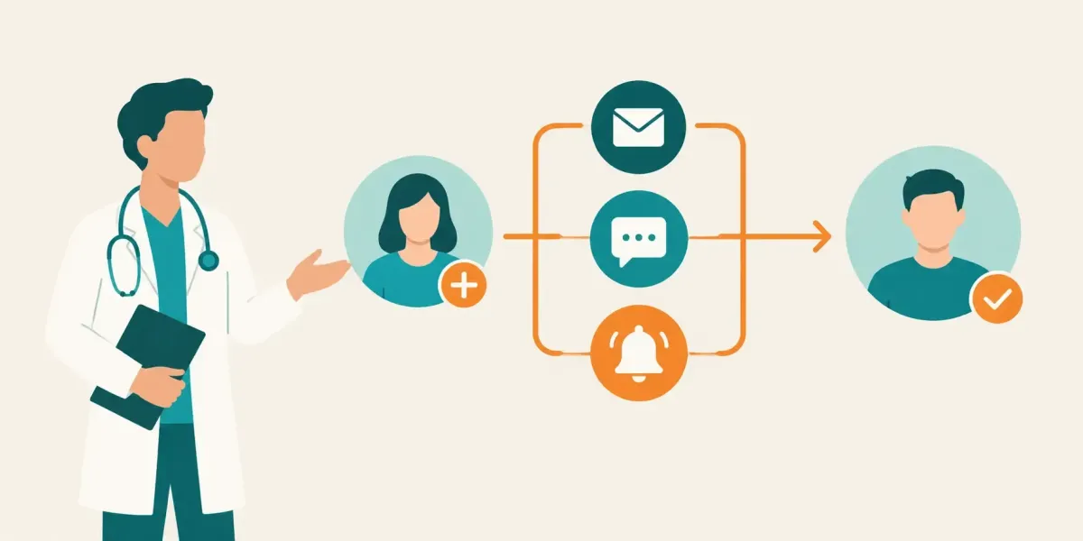 Physician illustration showing automated patient communication moving from a new patient through email, text, and reminder workflows to a retained patient
