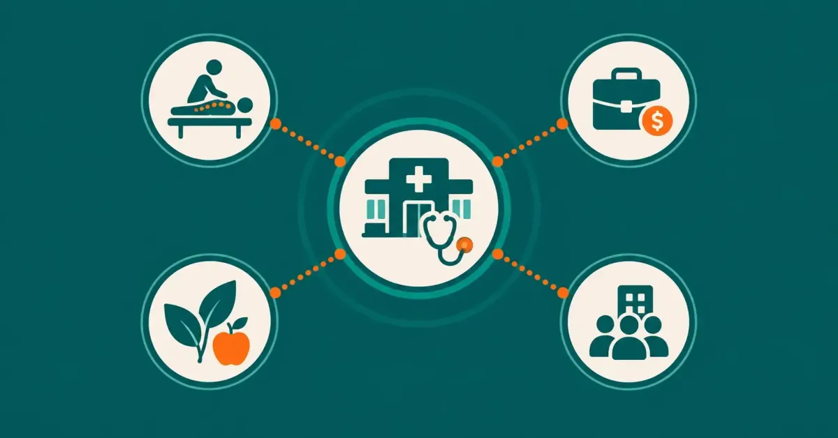 Diagram showing a Direct Care practice connected to referral partners including a chiropractor, financial advisor, wellness provider, and employer