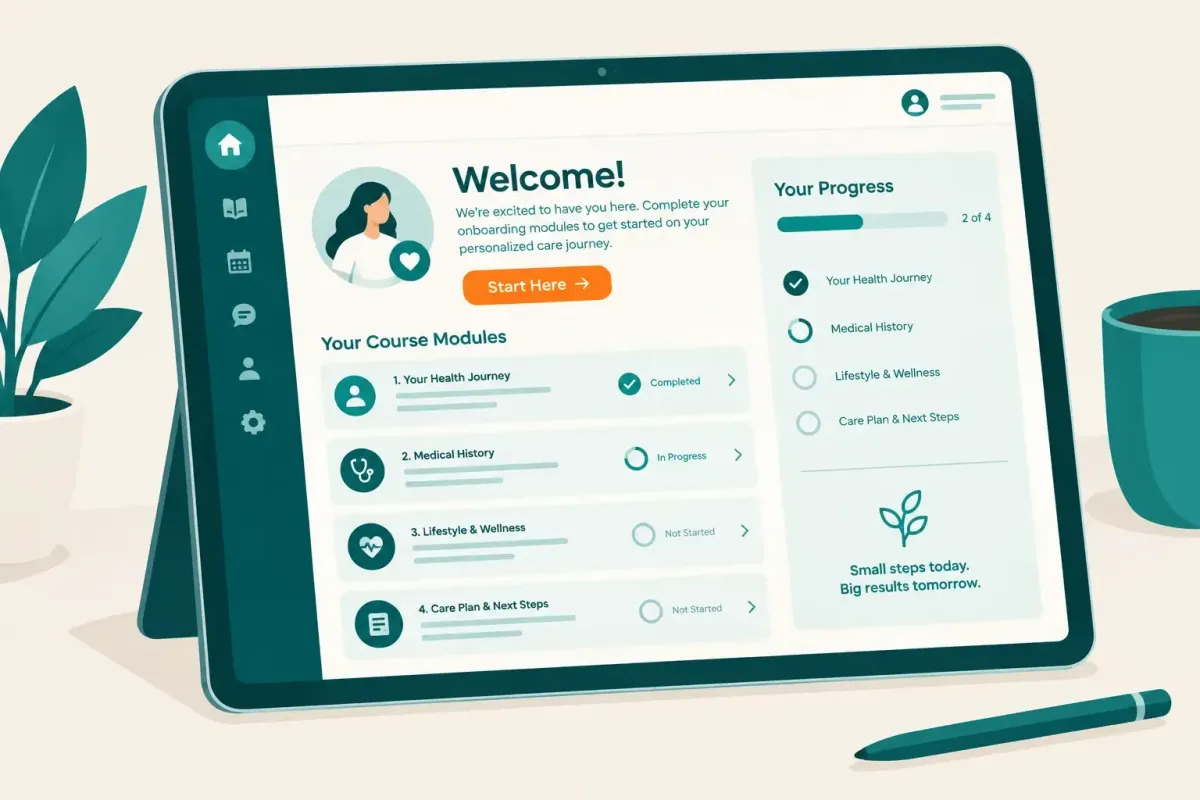 Illustration of a tablet showing a patient education portal welcome screen with course modules for onboarding, medical history, lifestyle and wellness, and care plan next steps.