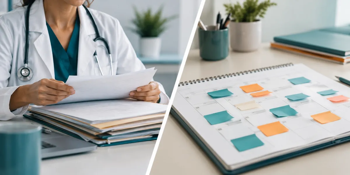 Split image of a physician reviewing patient charts next to a desk calendar covered in color-coded sticky notes, representing competing administrative priorities