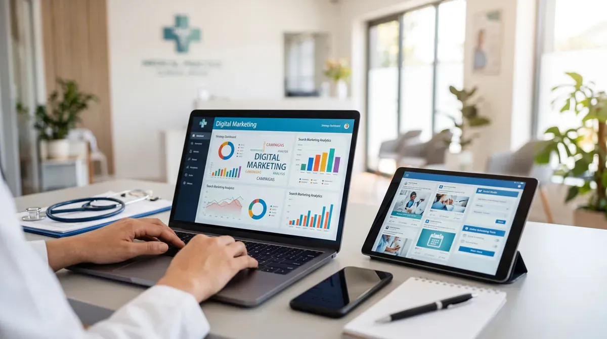 A person in a medical setting typing on a laptop displaying digital marketing analytics, with a tablet showing healthcare content and a stethoscope on a clipboard nearby.