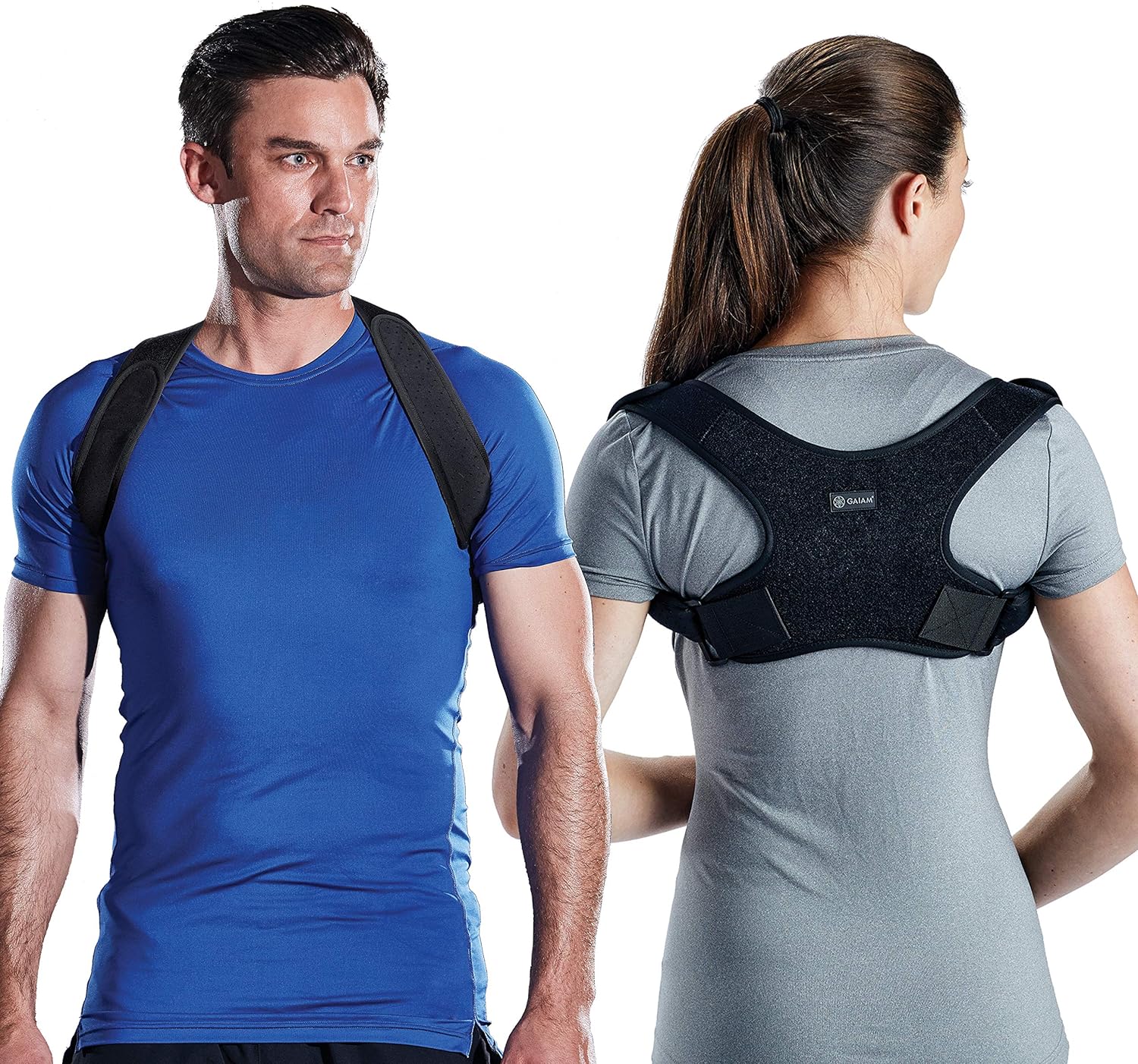 man and woman wearing a posture correcting device keeping their shoulders back