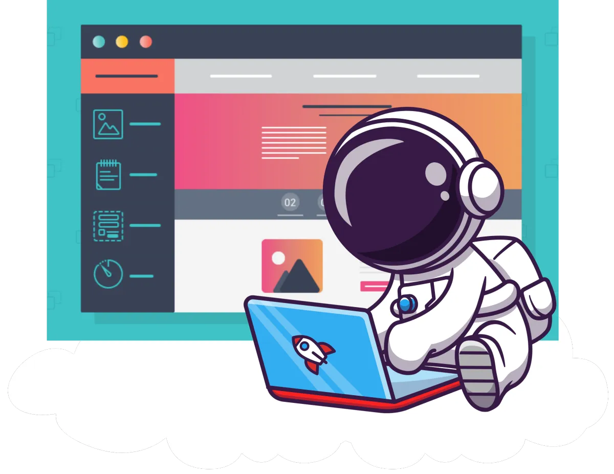 Cartoon astronaut using a laptop with a rocket sticker, seated on a cloud. 