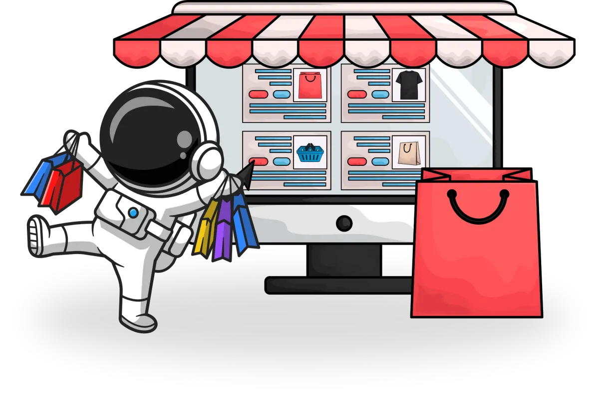 An astronaut joyfully carries shopping bags in front of a large computer.