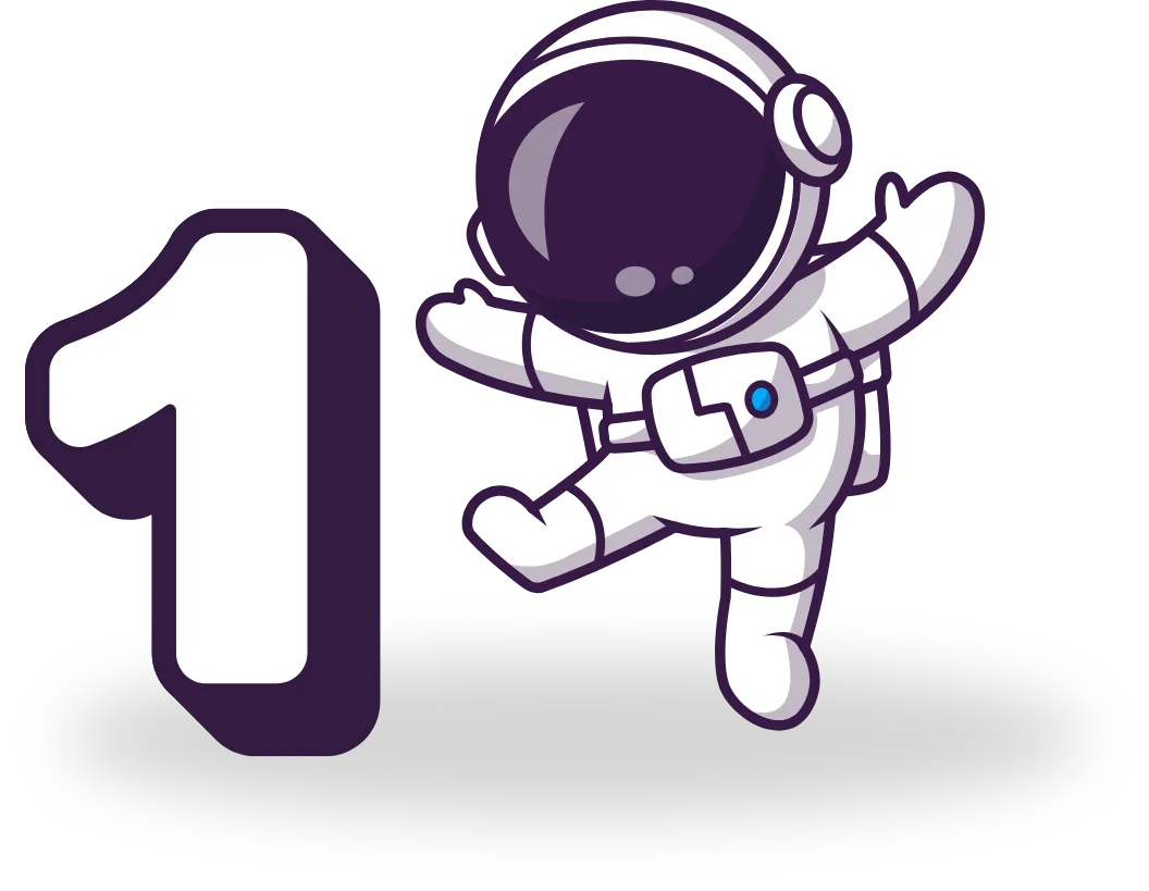 Cartoon astronaut joyfully floating beside a large, bold number "1" 
