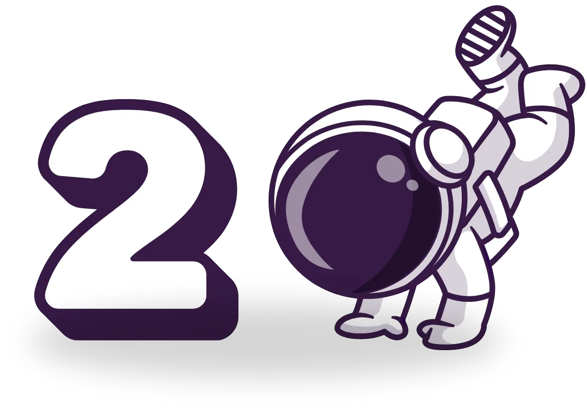 Purple astronaut performing a handstand next to a large number "2" 