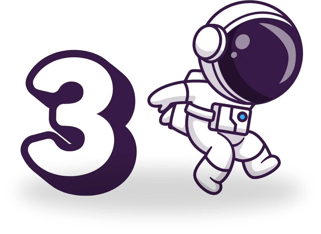 Cartoon astronaut in a white suit joyfully jumps next to a large purple number three