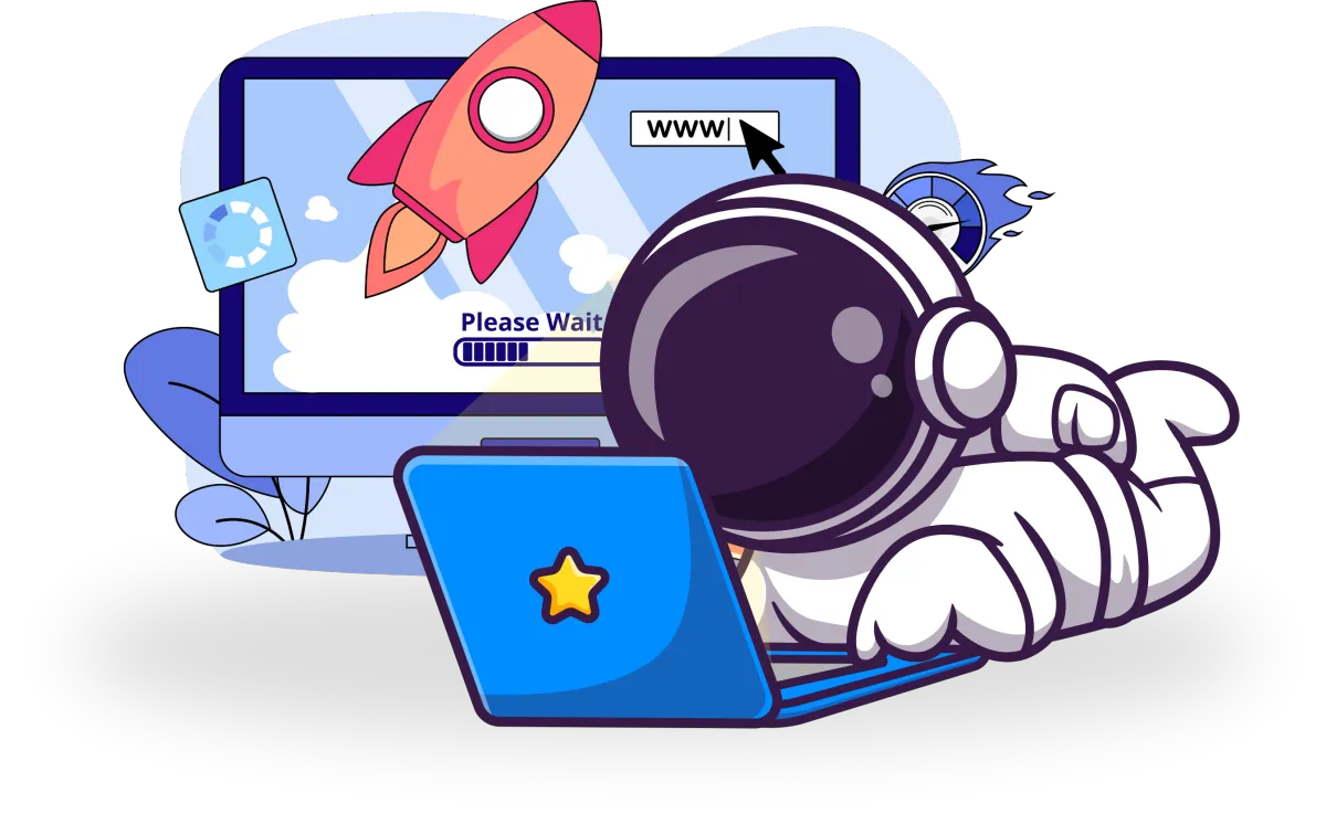 Illustration of an astronaut using a laptop with a star sticker, in front of a loading computer screen