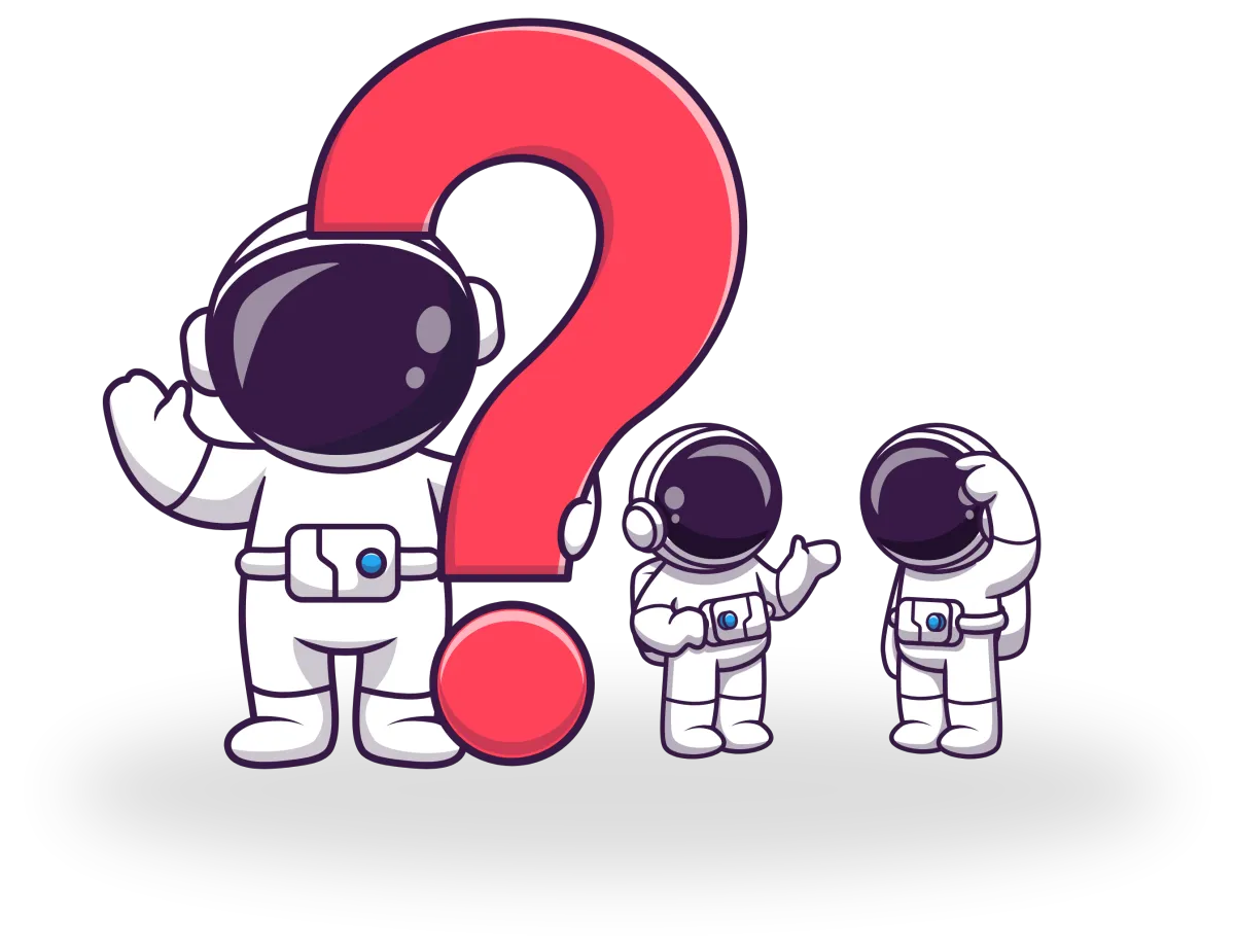 Three cartoon astronauts against a black background, with a large red question mark.