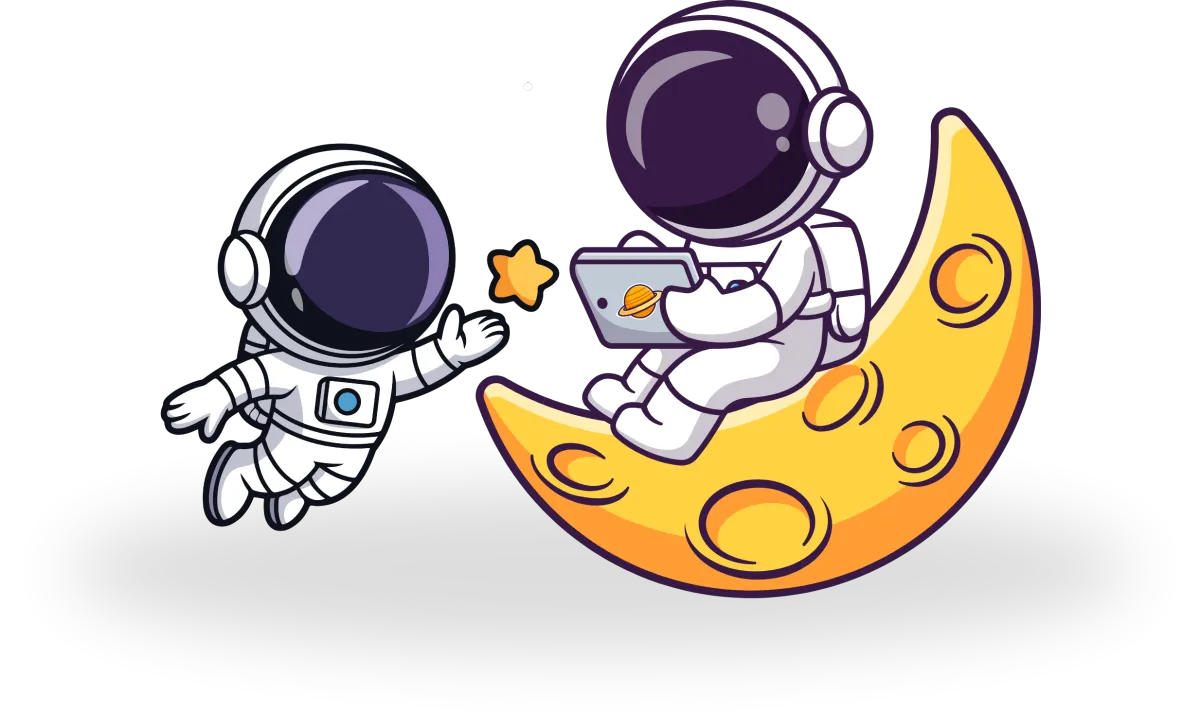 Two cartoon astronauts in space; one floats near a star.
