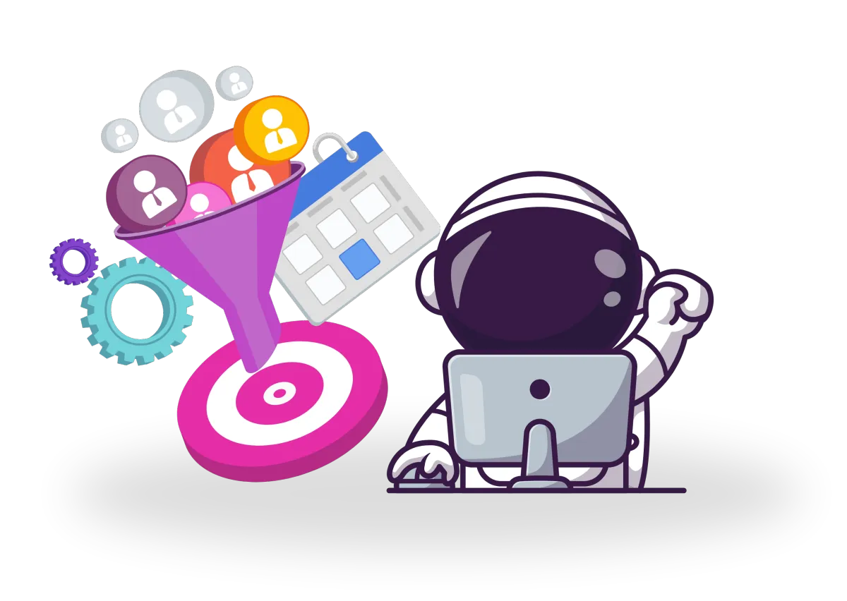 Cartoon astronaut at a desk looks at a funnel pouring user icons.