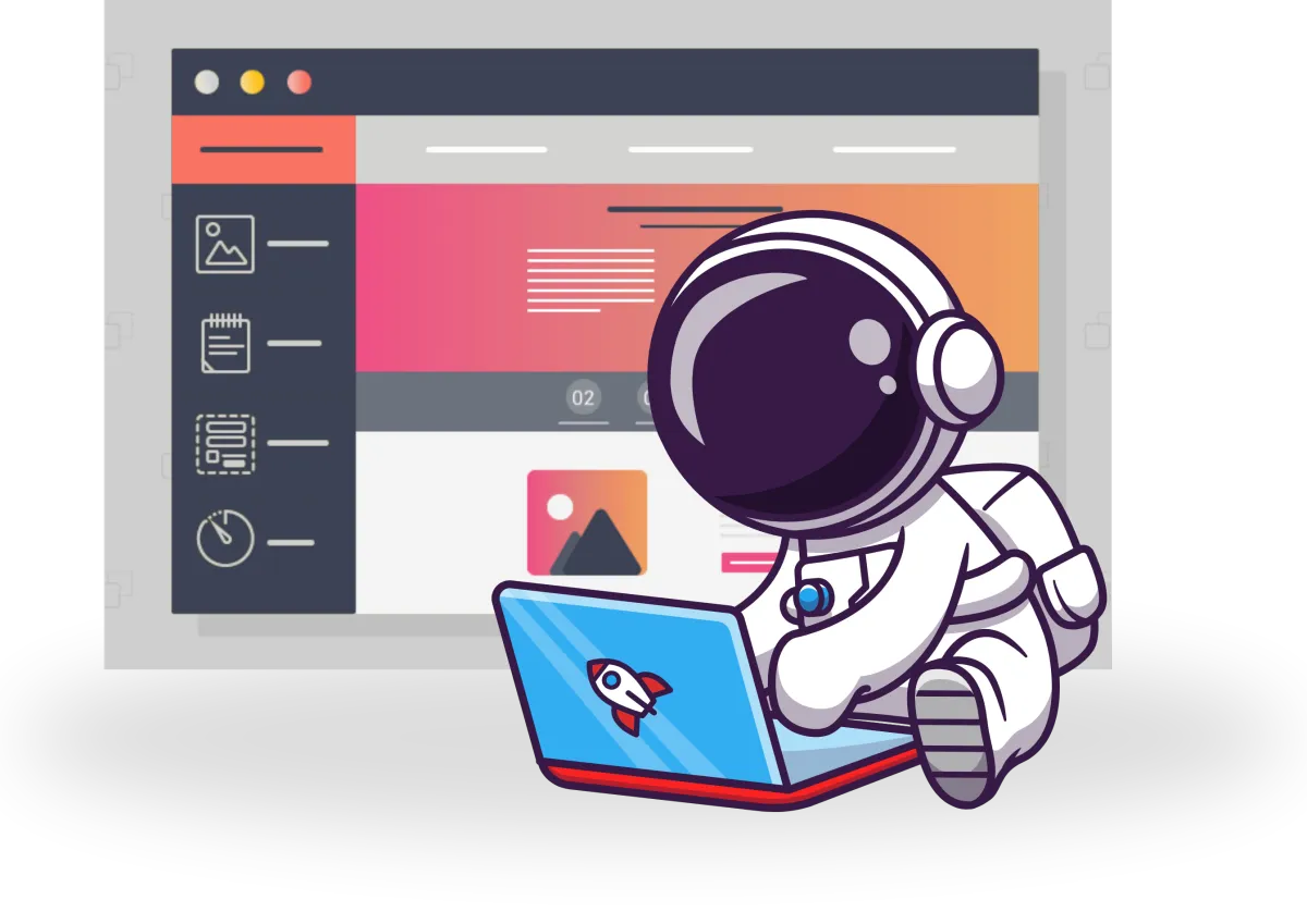 Cartoon astronaut using a laptop with a rocket sticker, seated on a cloud. 