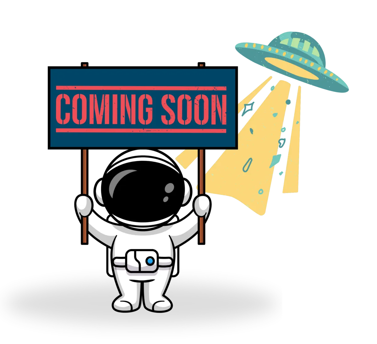 Cartoon astronaut holding a "Coming Soon" sign with bold.