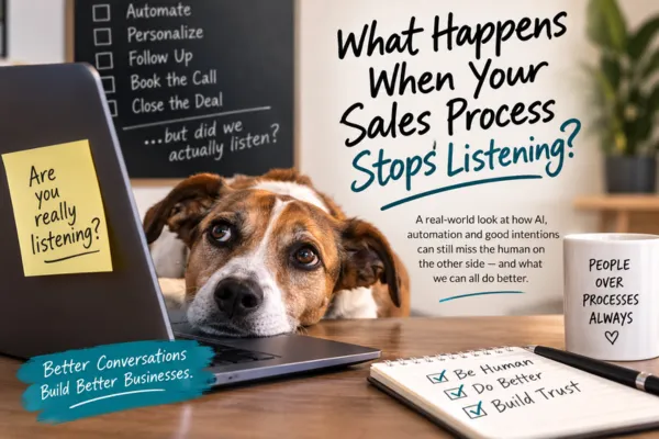 Dog looking over a laptop beside a note asking “Are you really listening?” illustrating how AI and automation can miss the human behind the sales process.