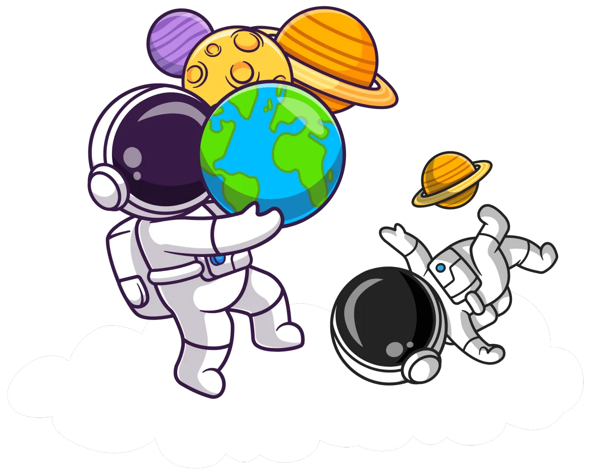 A cartoon astronaut joyfully holds a colorful Earth while standing on a cloud. 