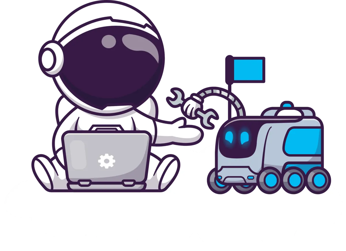 Cartoon astronaut sitting on a cloud, using a laptop. Next to them, a small robotic vehicle.