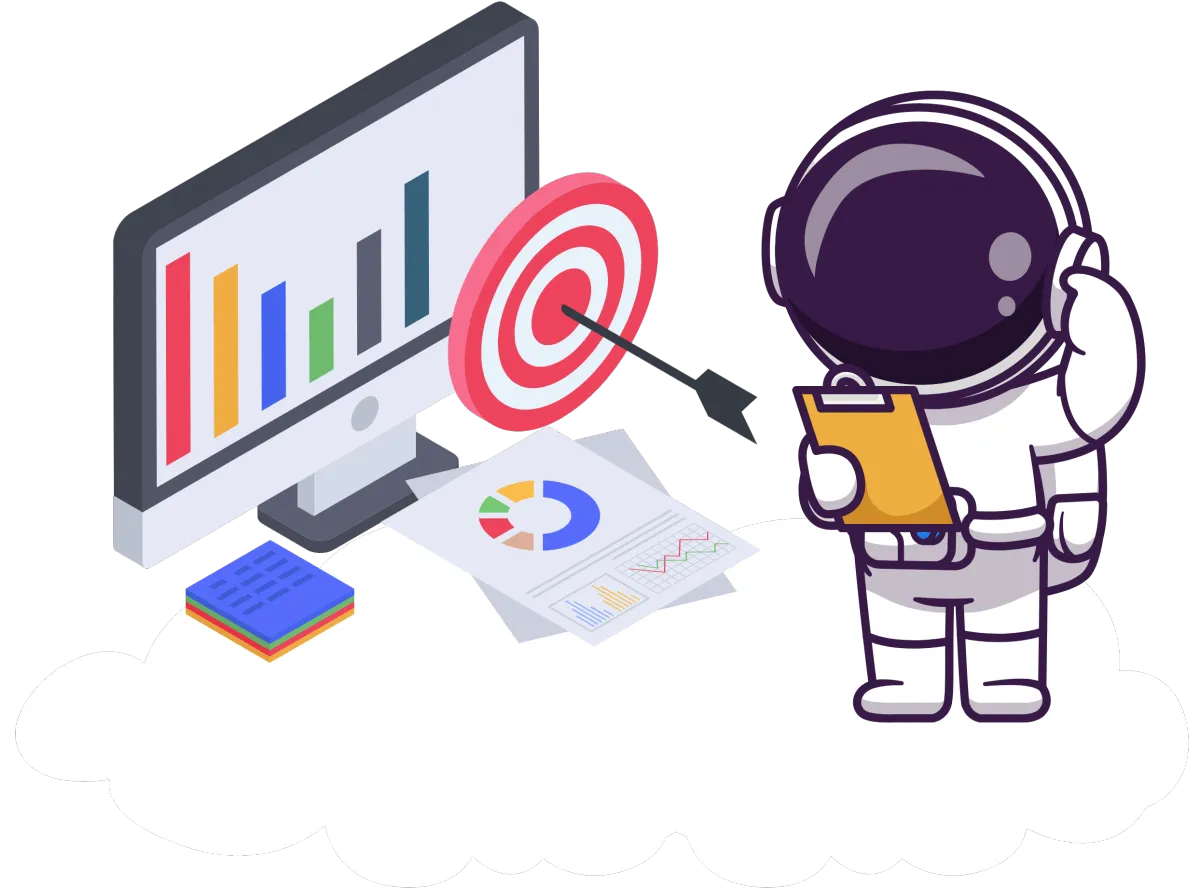 An astronaut with a clipboard stands on a cloud, analyzing data. 