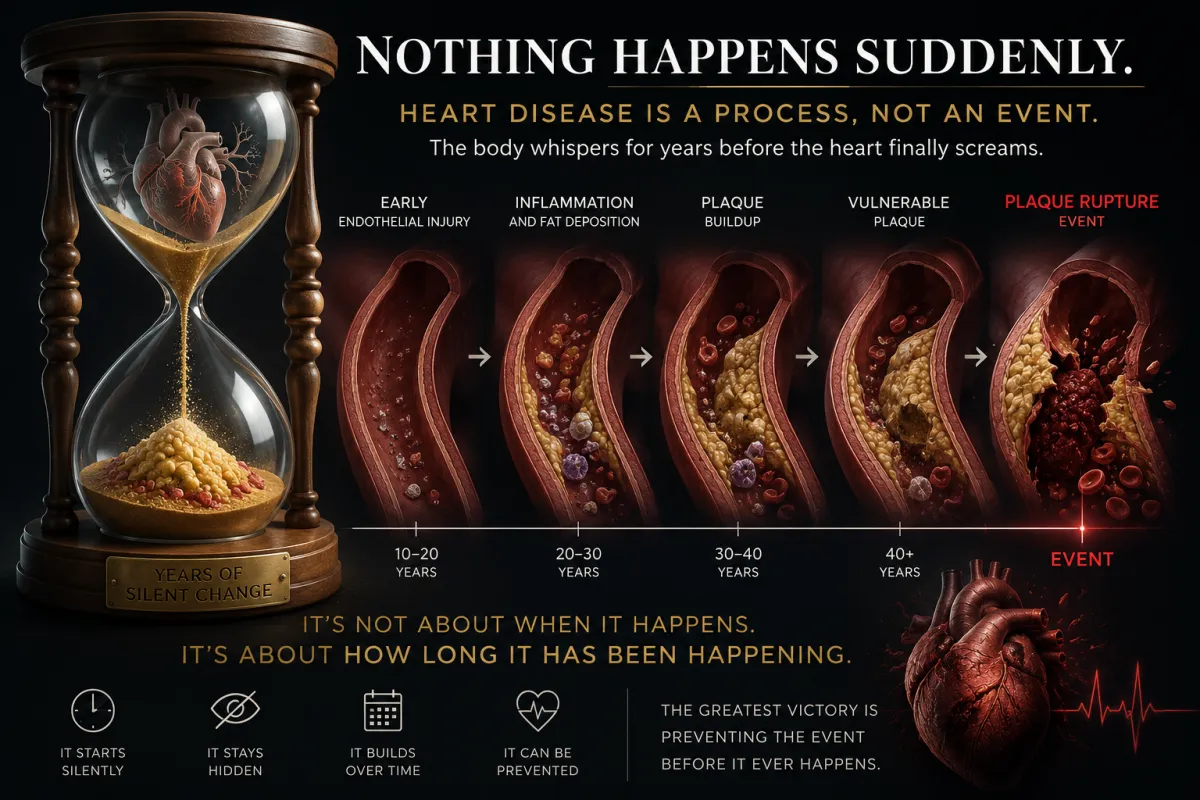 Most heart attacks are not sudden events, they are the final expression of years of silent disease