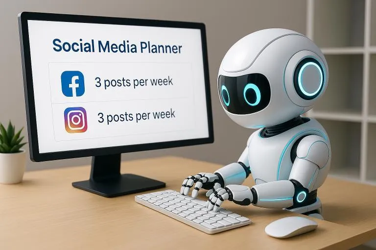 AI robot typing on keyboard in front of computer screen displaying social media planner with Facebook and Instagram posting 3 times per week.