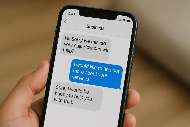 Side-by-side smartphones showing a missed call from a potential customer and an automated text message reply saying 'Hi! Sorry we missed your call. How can we help?