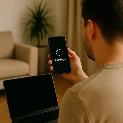 Man holding a smartphone showing a loading screen, highlighting the frustration caused by slow website performance and poor user experience.