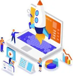 Rocket launching from a laptop, symbolizing business growth, digital automation, and marketing success with data-driven tools.