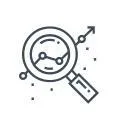 Magnifying glass with data analytics and growth chart icon, representing insights and performance tracking.