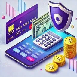 Secure mobile payment illustration with credit card, cash, coins, and a shield symbolizing online transaction safety.