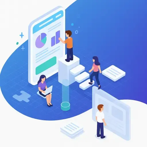 Illustration of a digital automation platform optimizing business workflows, customer interactions, and online presence.