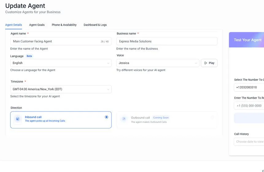 Voice AI Agent settings window
