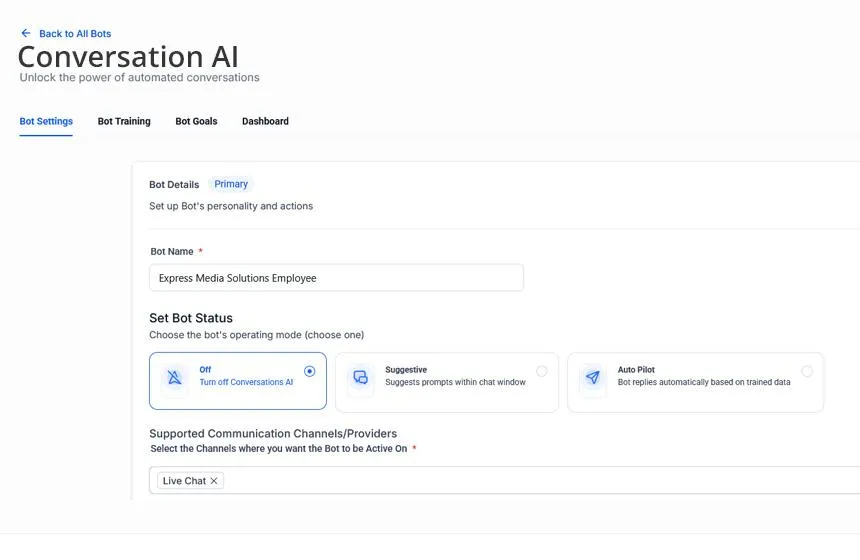 Conversation AI Agent settngs window