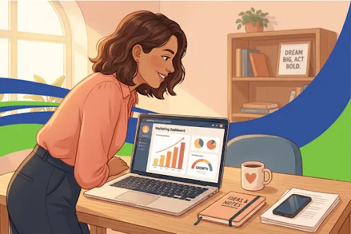 Professional digital marketing concept, small business owner analyzing Facebook ads dashboard on laptop, charts and ad metrics visible on screen, modern workspace, soft natural lighting,