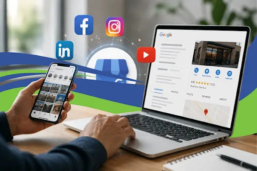 Modern digital marketing workspace showing a business owner using a laptop and smartphone with Google Business Profile, social media platforms, and YouTube integration for SEO, online visibility, and social media marketing automation.